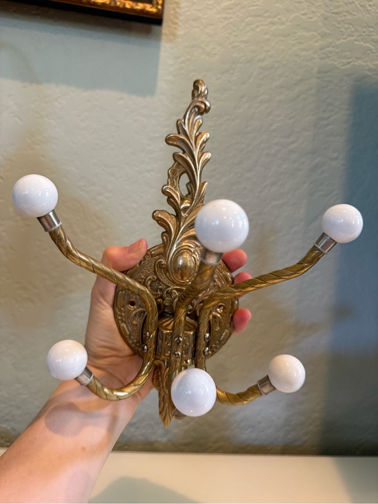 Vintage Other - Vintage Brass Wall Hook Rack with White Ceramic Knobs